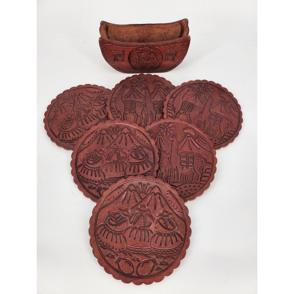 Genuine Peruvian Tooled Leather Coaster Set with Holder - Picture 6 of 12